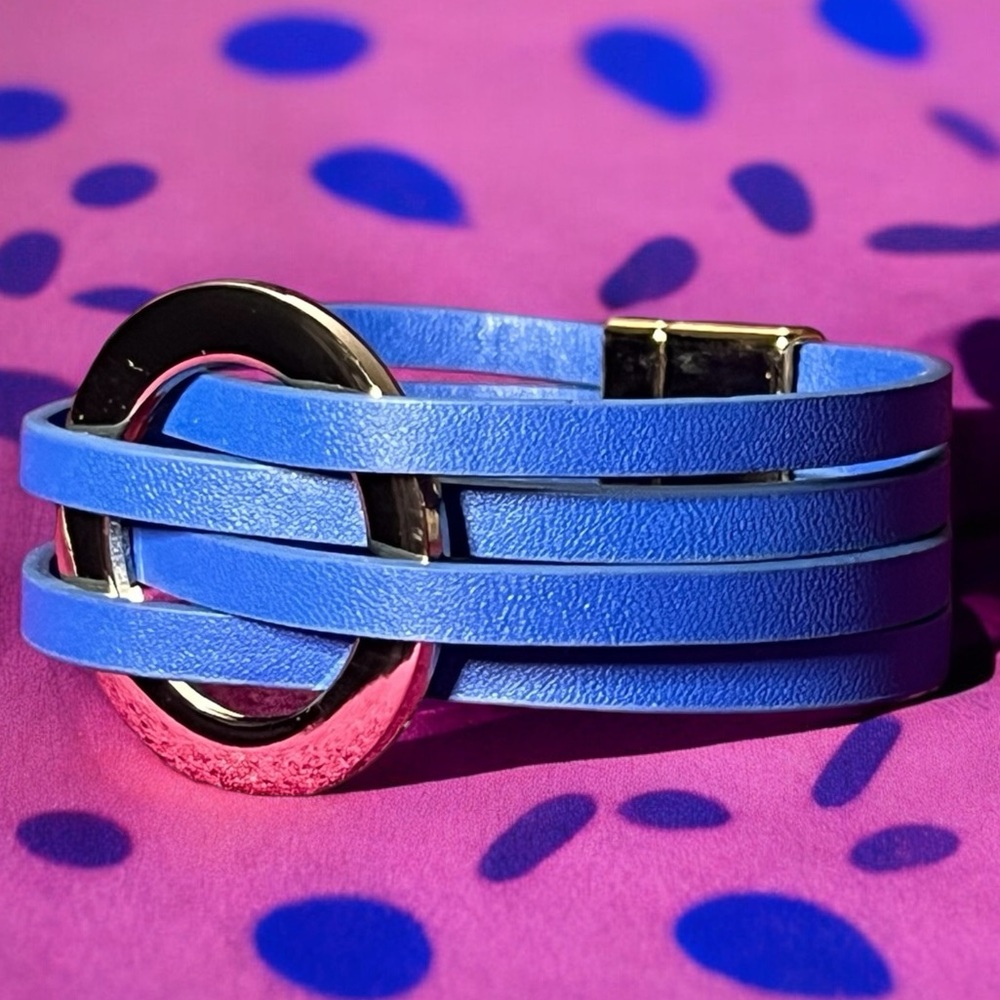 Blue Leather Wrap Bracelet with Gold Round Charm Unisex